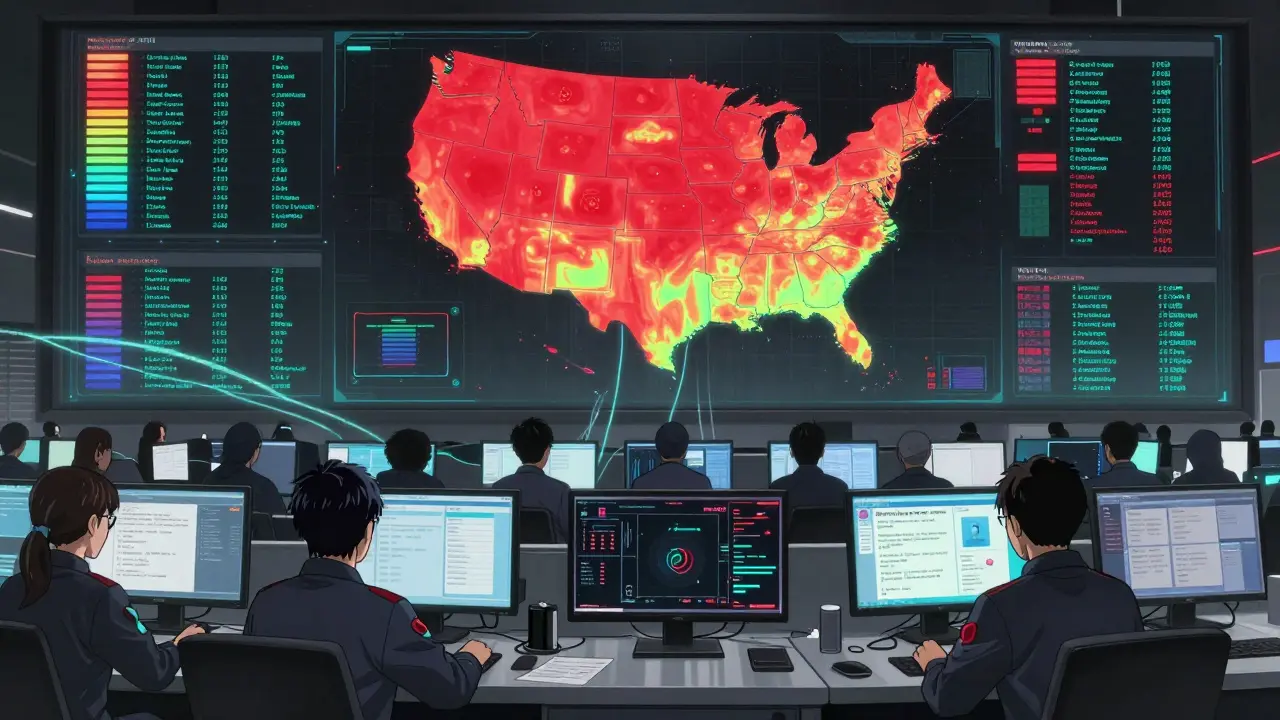 A surveillance center analyzes real-time adverse event data across the U.S. using AI and digital maps.