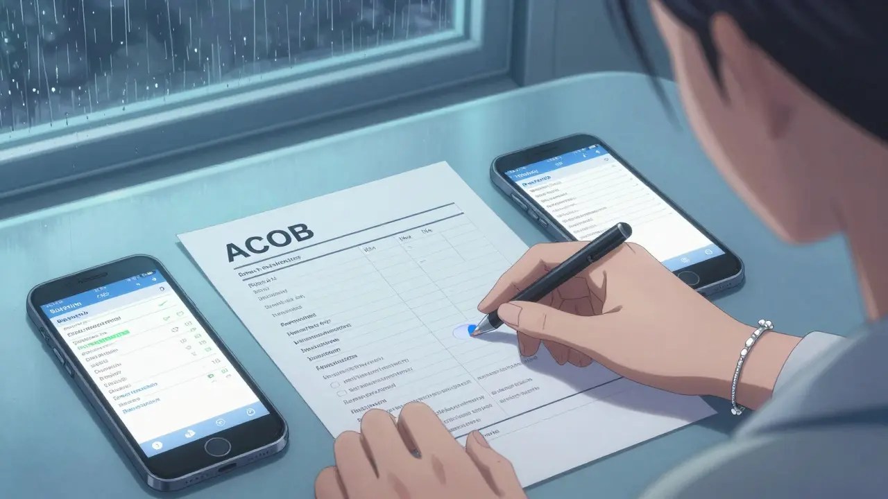 A woman's hand placing an ACOG checklist on a table beside two phones showing synchronized medical records.