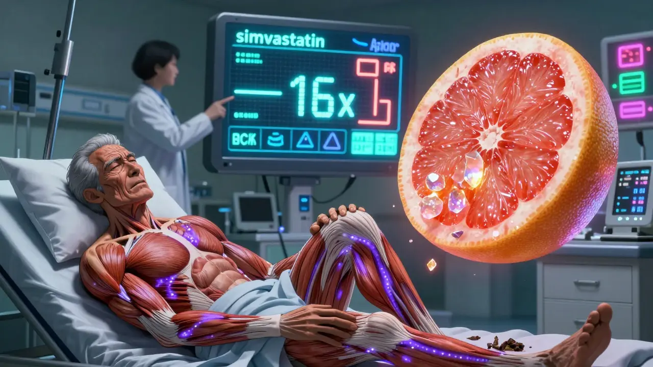 An elderly patient in a hospital with glowing damaged muscles as simvastatin levels spike dangerously high.