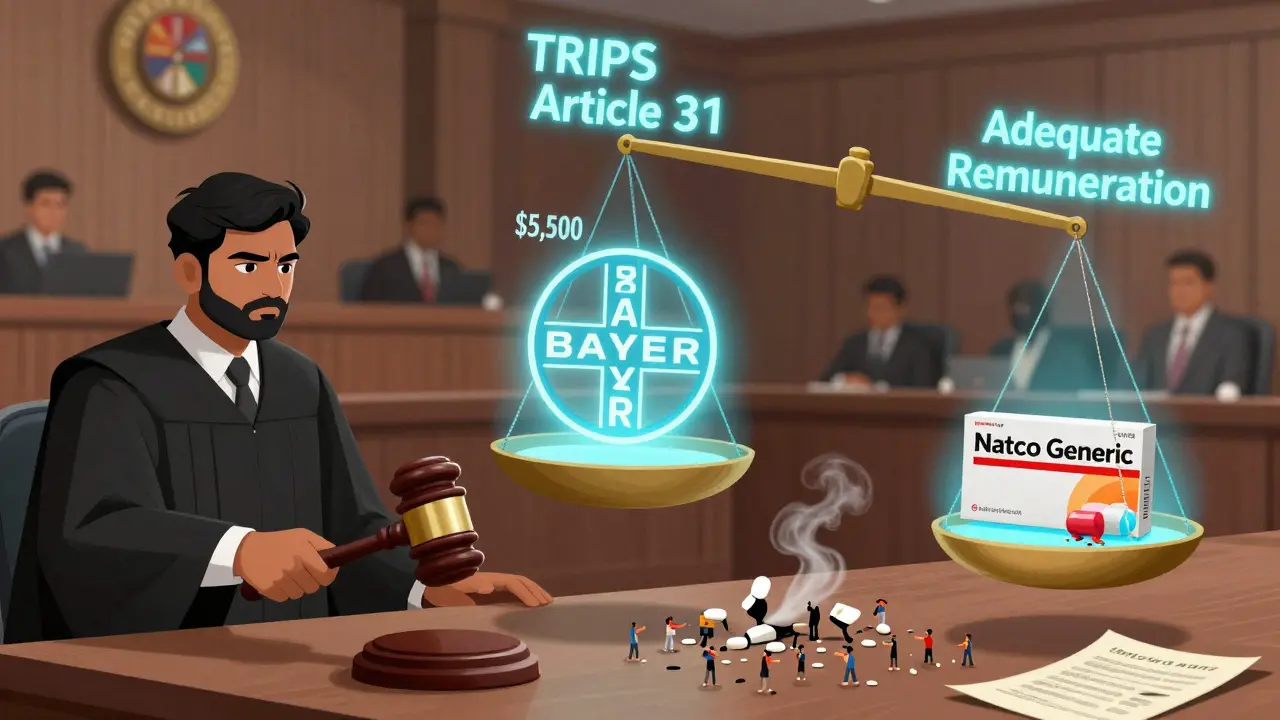 An Indian courtroom scale balances a billion-dollar patent against a generic pill weighed down by thousands of patient hands.