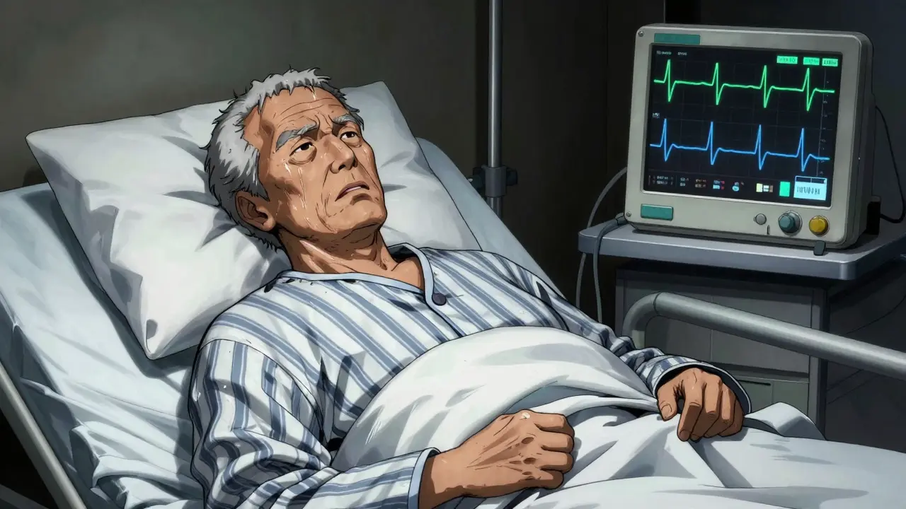 Anxious elderly patient in hospital bed beside an irregular heart monitor screen.