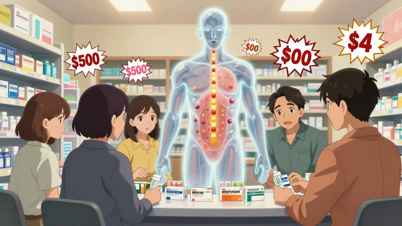Diverse patients receiving generic drugs in a pharmacy, with a glowing human body showing identical drug absorption for brand and generic pills.