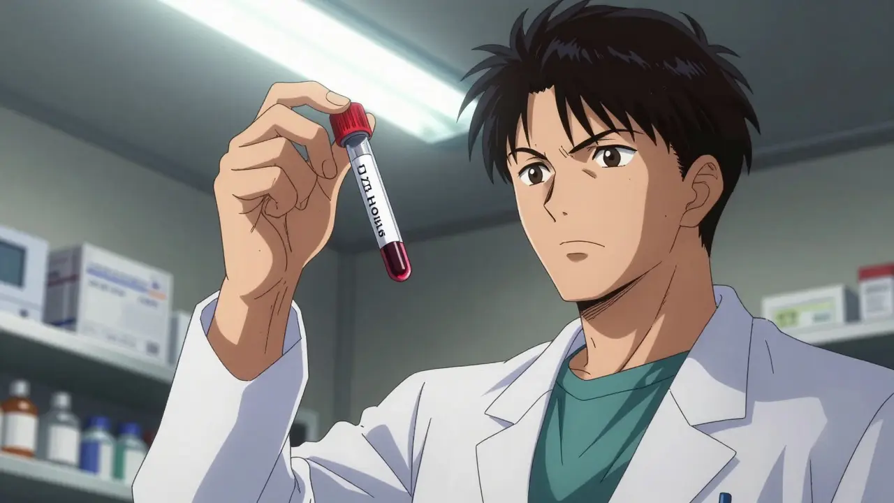 Doctor holding a blood vial up to light with intense focus in a clinic setting.