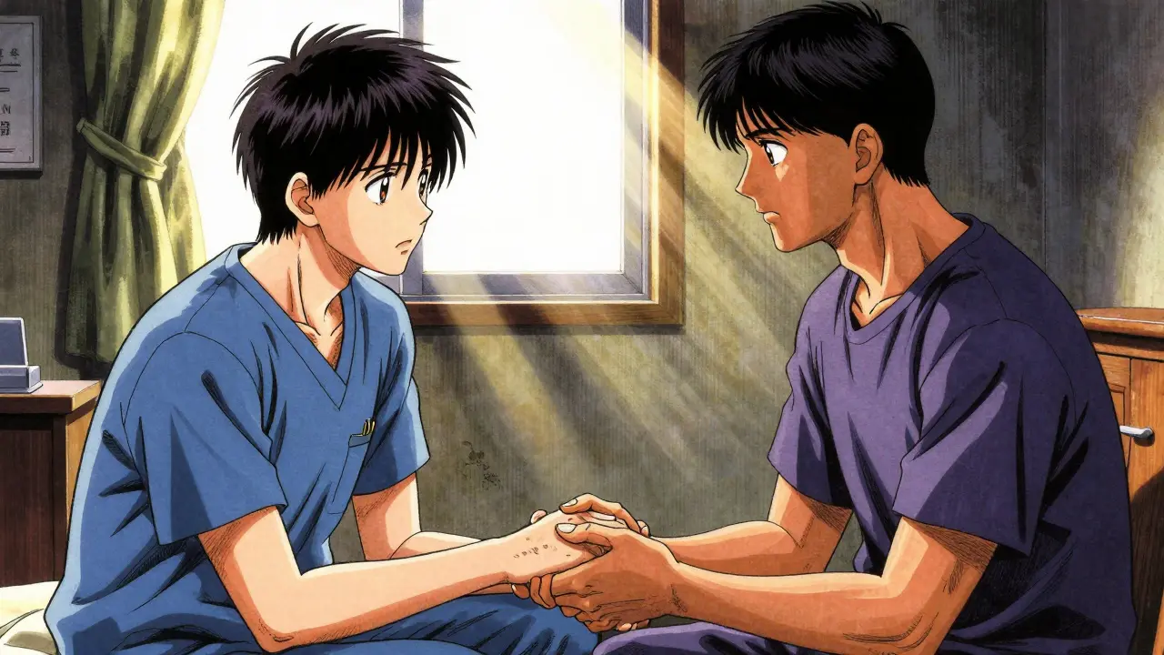 Family holding patient hand with warm sunlight.