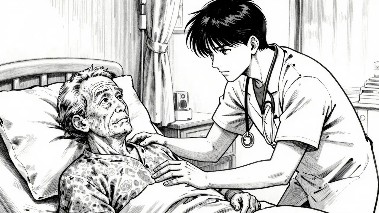 Nurse examining elderly patient with gentle care.