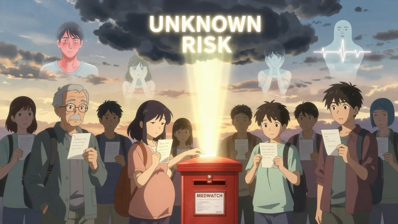 Ordinary people submit anonymous reports of drug side effects, their symptoms manifesting as ghostly images.