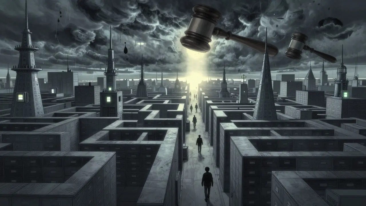 Patients walking through a dark city of towers under looming storm clouds.