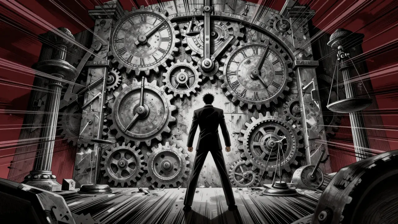 Person standing before a frozen clock wall made of legal scales.