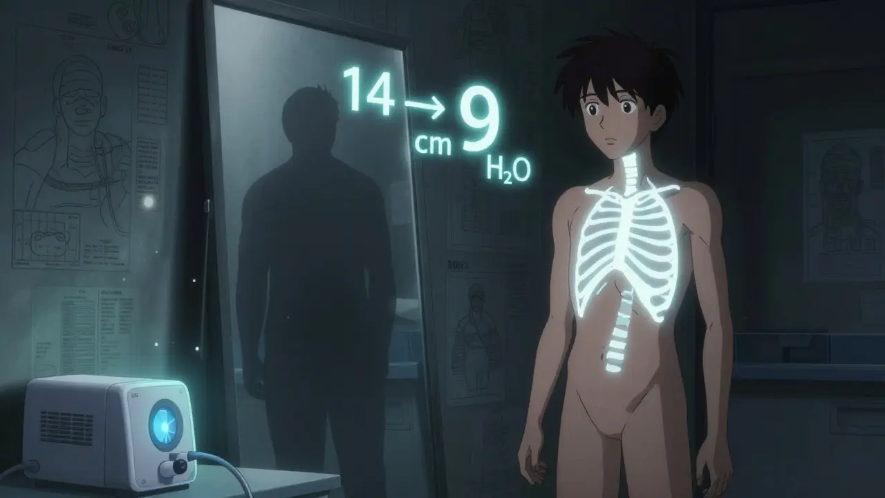Person transforming in mirror as airway opens, CPAP pressure dropping from 14 to 9 cm H₂O.