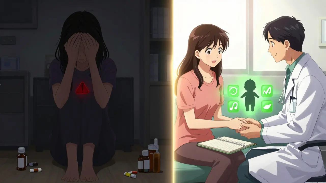 Split image: left shows depression in darkness, right shows hope with doctors and baby in light.