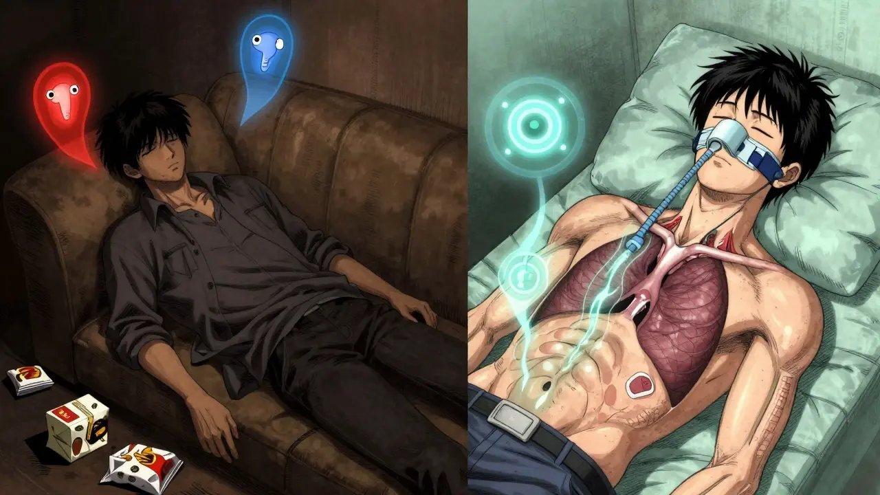 Split scene: exhausted person with hunger hormones vs. peaceful sleeper with stabilized metabolism.