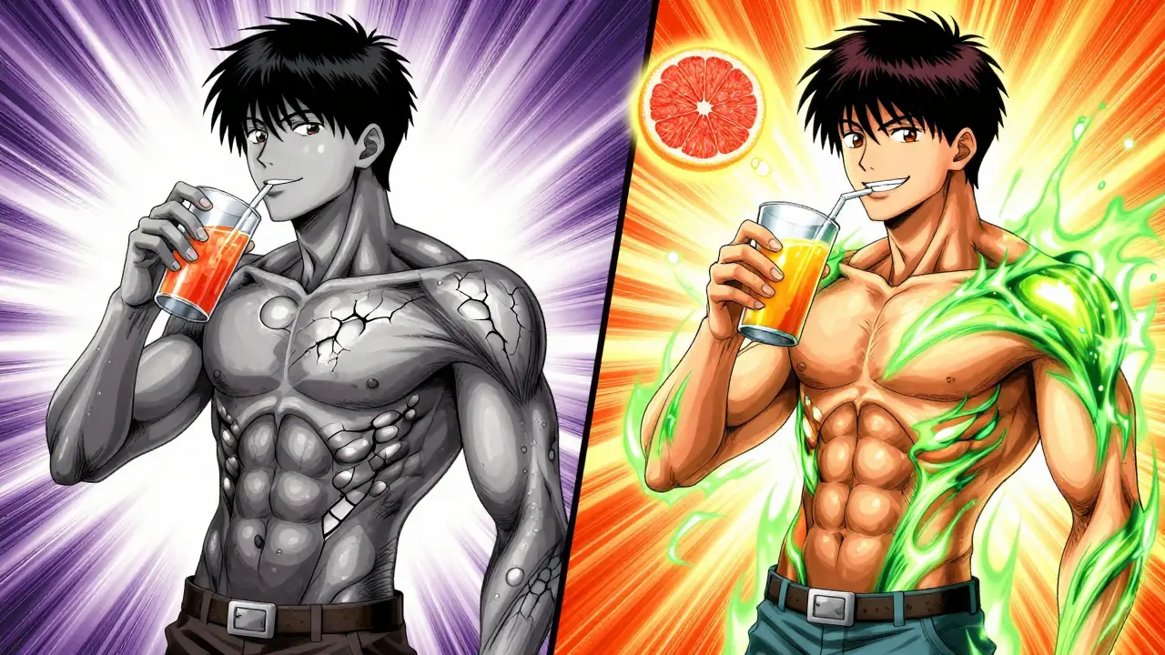 Two parallel scenes: one showing muscle damage from grapefruit and simvastatin, the other healthy muscles with safe statins.