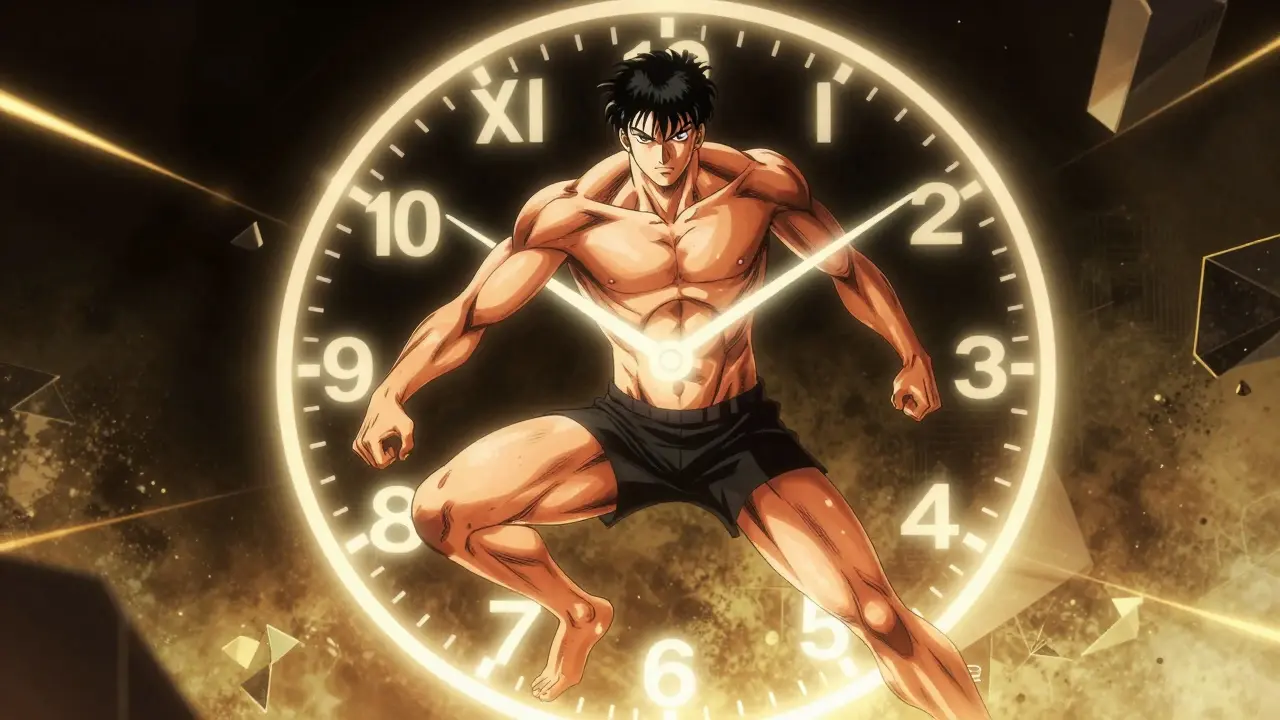 A confident man surrounded by a glowing 36-hour clock in Boichi art style.