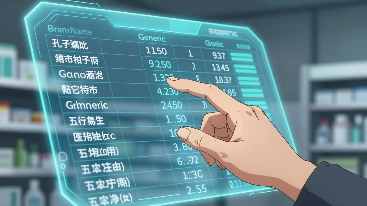 A hand interacting with a holographic screen comparing generic and brand name medication prices.