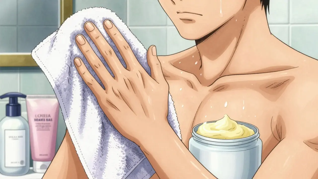 A person applying emollient to damp skin following the soak and seal method.