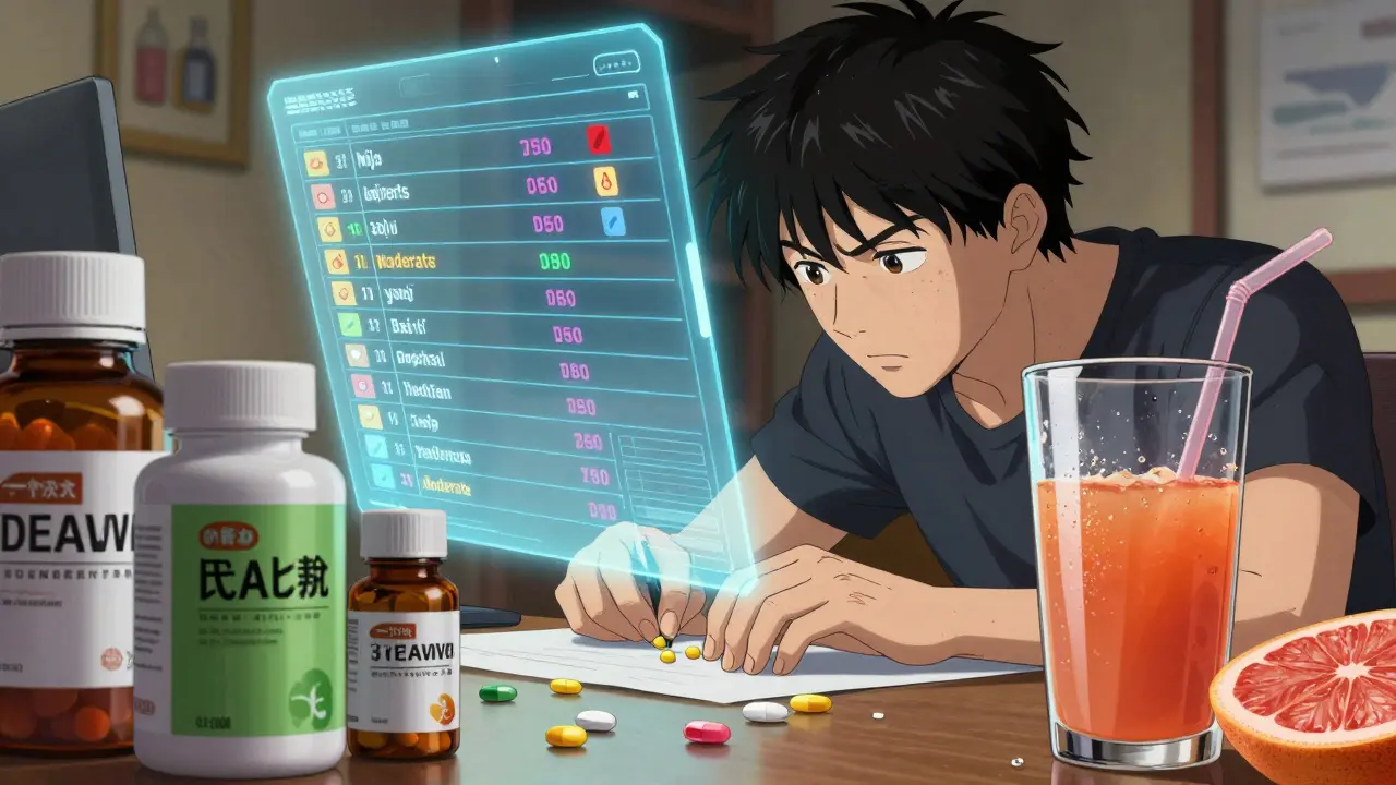 A person using a holographic interaction checker with medications and supplements on a desk in Boichi style.