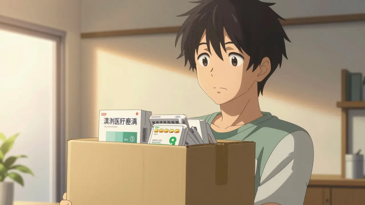A relieved person holding a bulk shipment of medication in a high-detail manga style.
