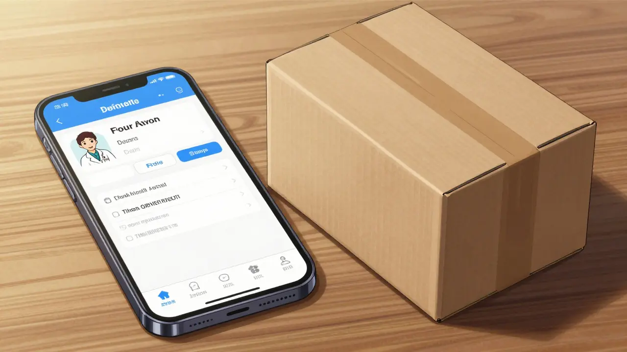 A smartphone with a telehealth app and a discreet shipping box in manga style.