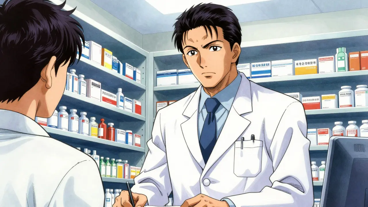 An expert pharmacist consulting with a patient in a highly detailed anime-style pharmacy.