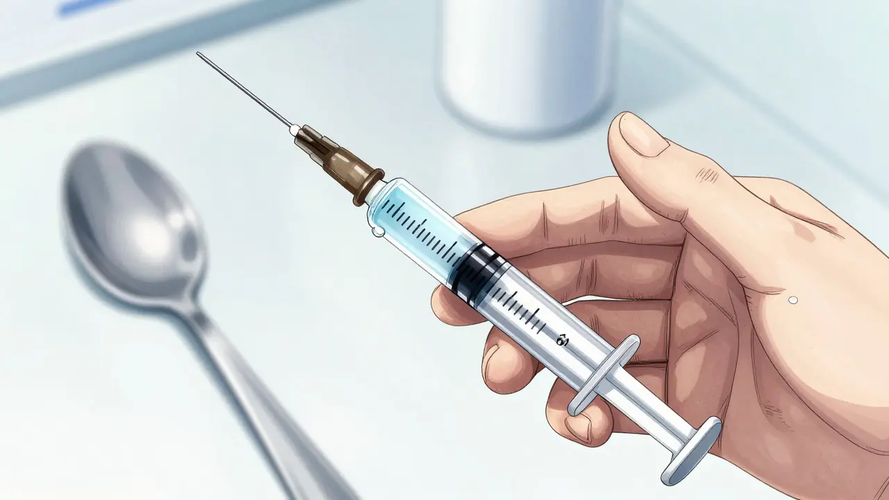 Anime style image of a medical oral syringe next to a household spoon to show dosing precision.