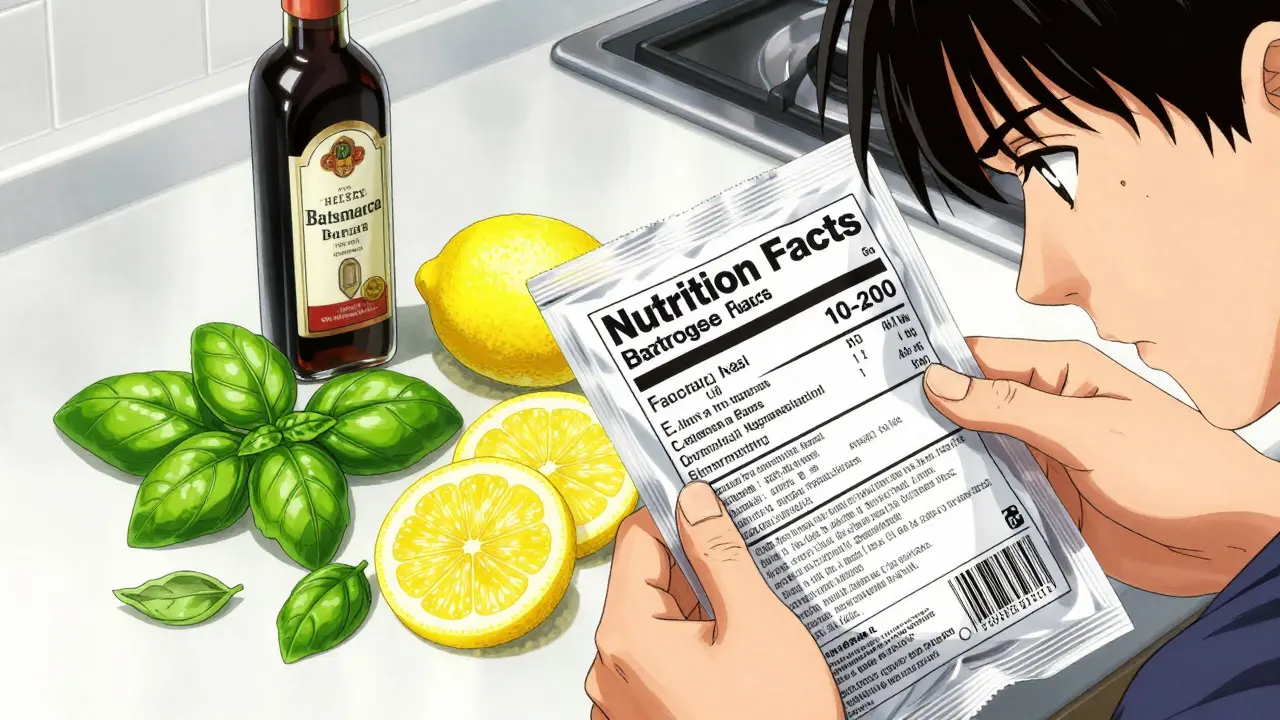 Close-up anime style of someone checking a food label next to fresh lemons and herbs.