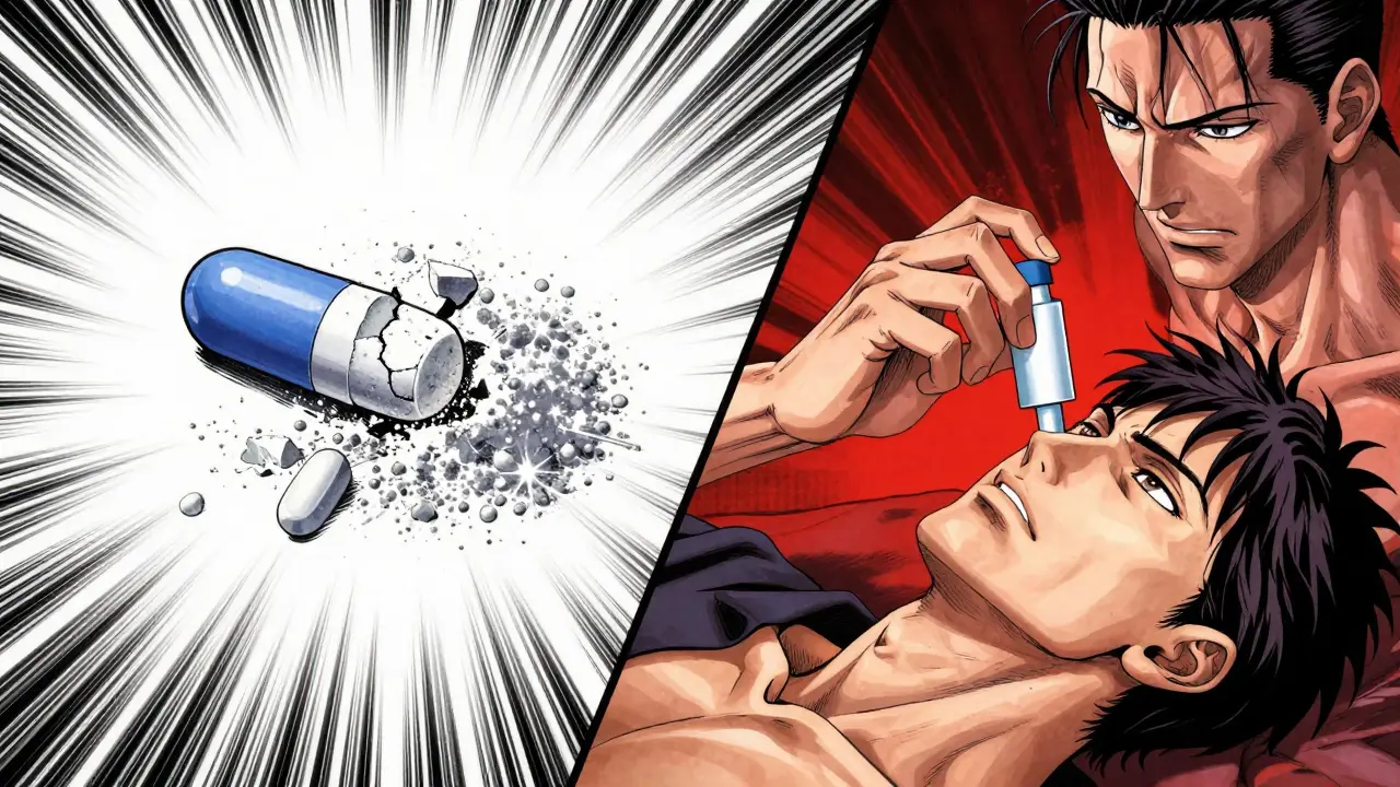 Detailed manga art showing a crushed tablet and the administration of naloxone for overdose reversal.