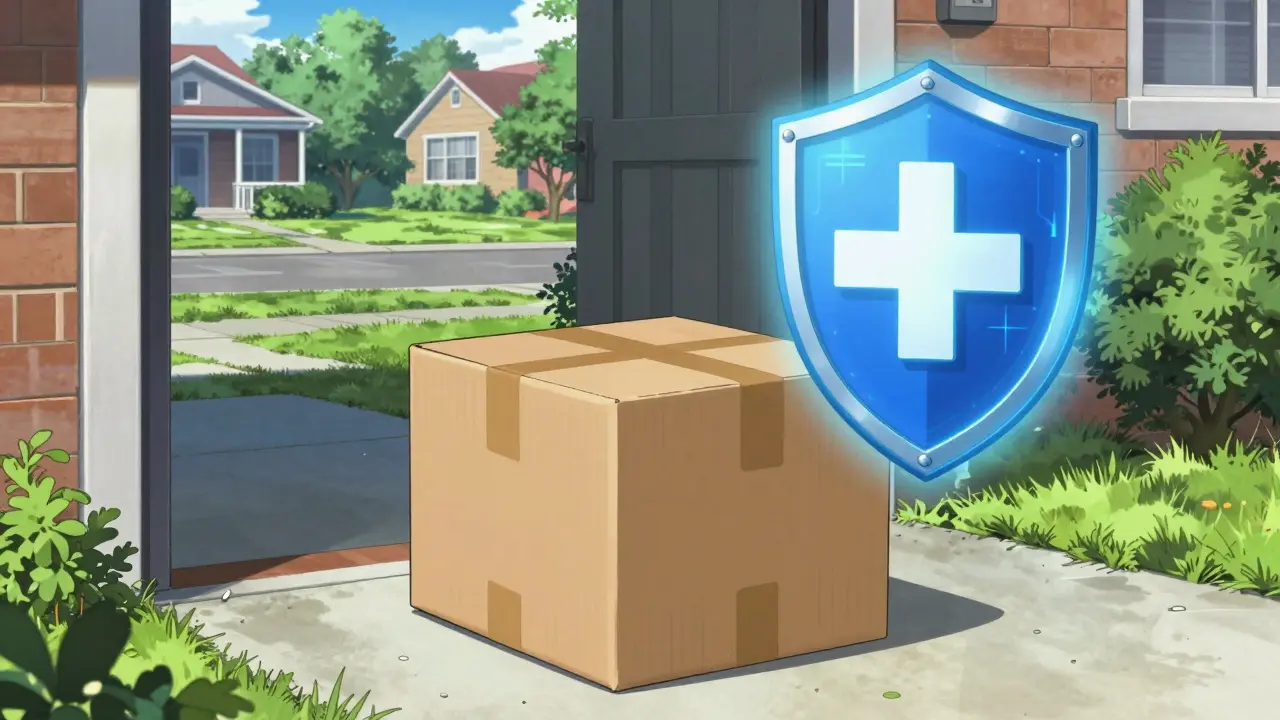 Discreet medical delivery box on a doorstep with security symbols