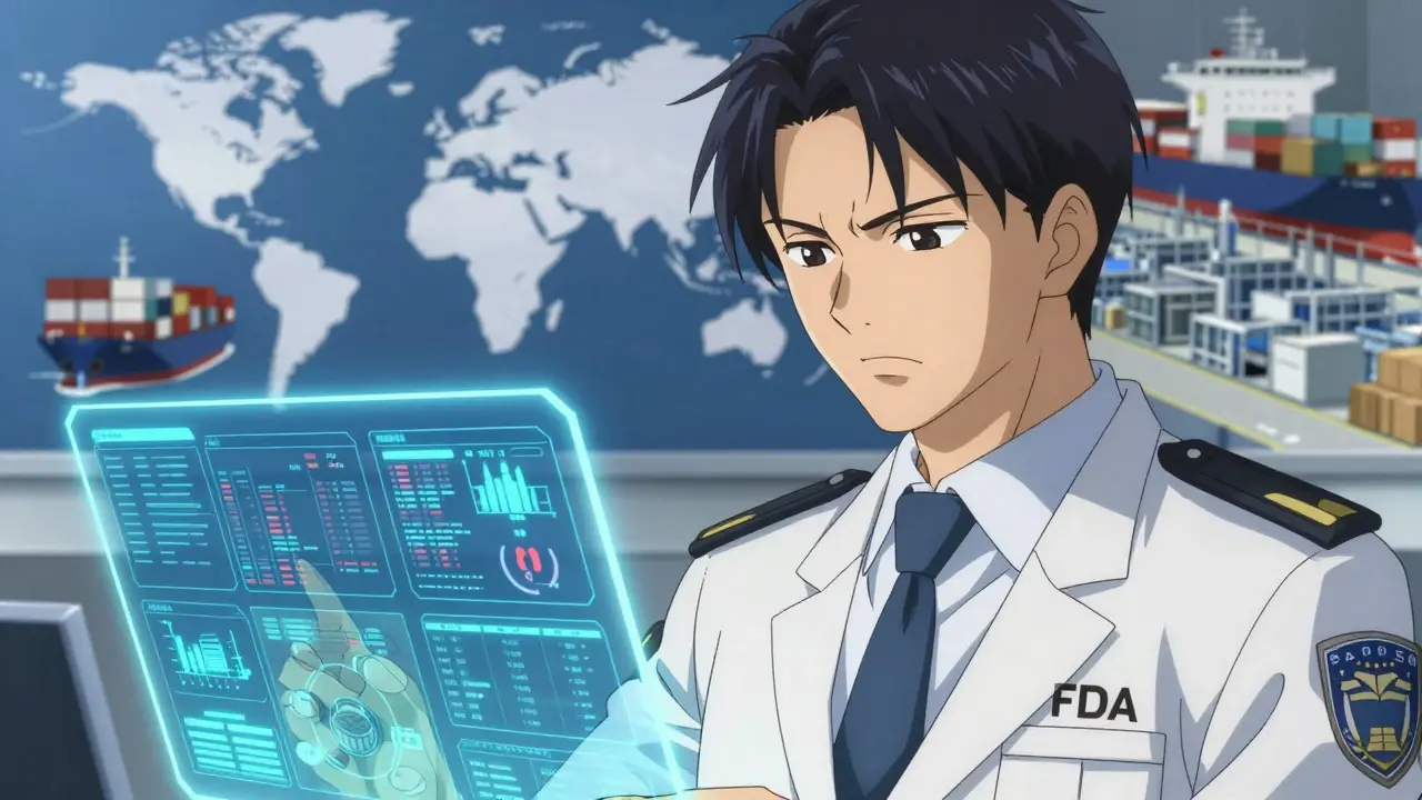 FDA inspector monitoring global drug safety data on a holographic screen.