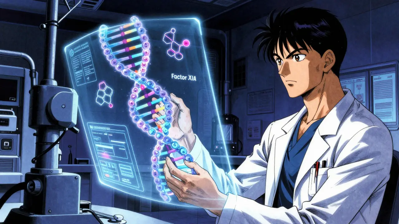 Futuristic medical lab with DNA holograms and advanced anticoagulant molecules.