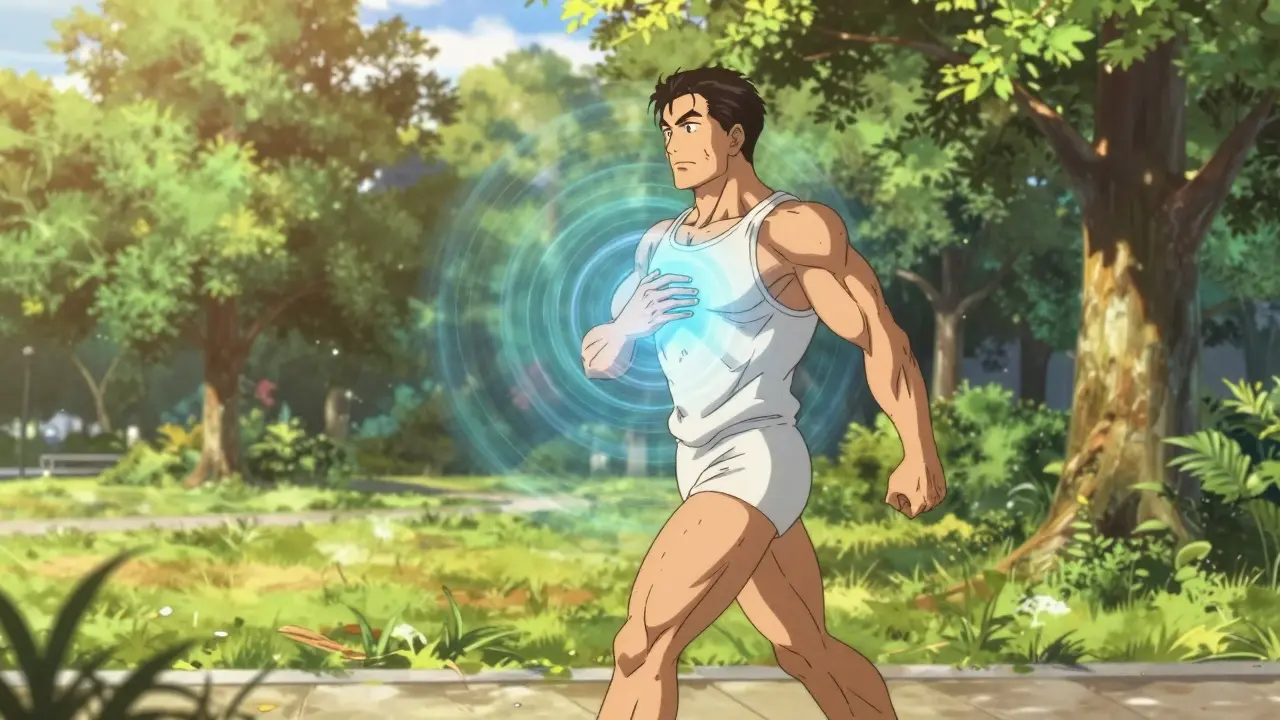 Healthy person walking in a park with a glowing heart symbol representing low blood pressure.