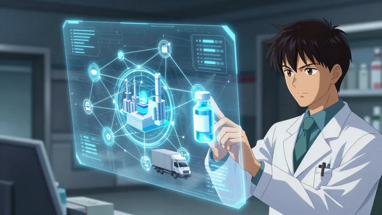Holographic blockchain visualization showing a drug's journey from factory to pharmacy.