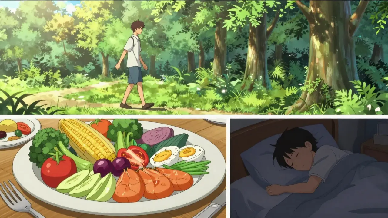 Montage of healthy exercise, nutritious food, and restful sleep