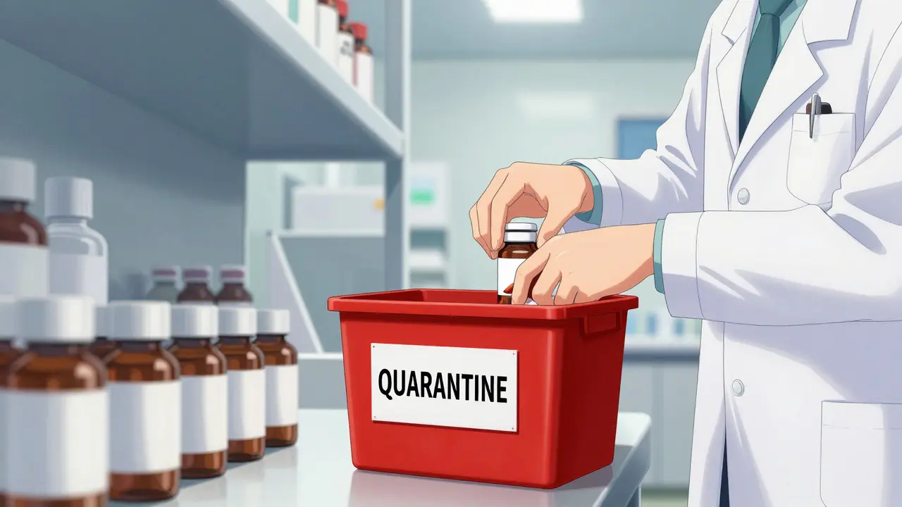 Pharmacist placing medication bottles into a red quarantine bin for safety isolation.