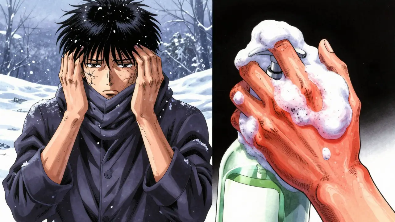 Split scene illustrating triggers like cold dry air and irritating chemical soaps.