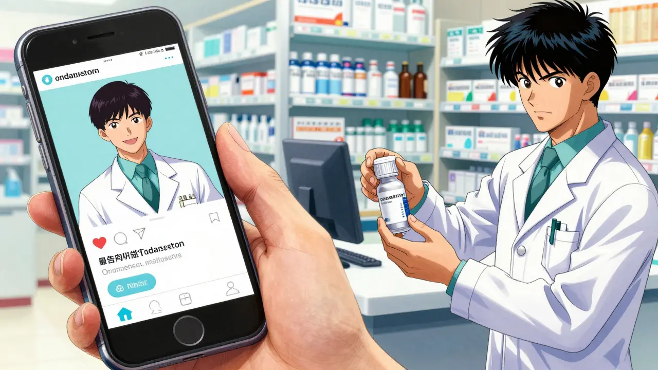 Split scene showing a telehealth app and a pharmacy prescription pickup