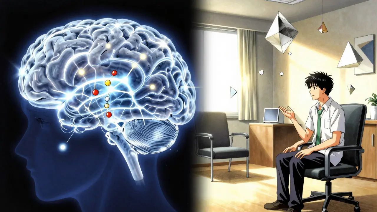 Split view of brain chemistry balancing and a therapy session