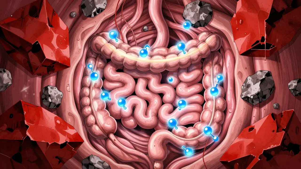 Abstract manga art showing minerals blocking medicine absorption in the intestine.