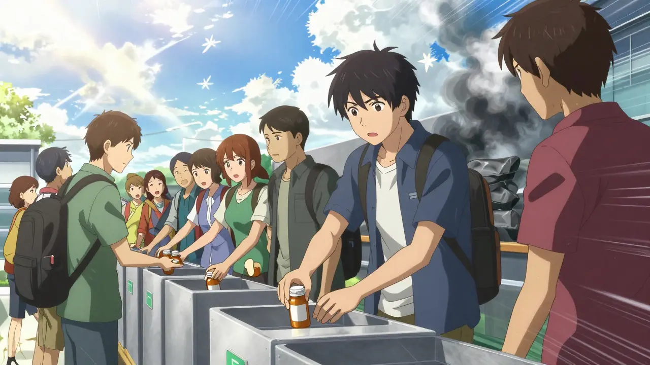 Anime characters participating in a community medication take-back program