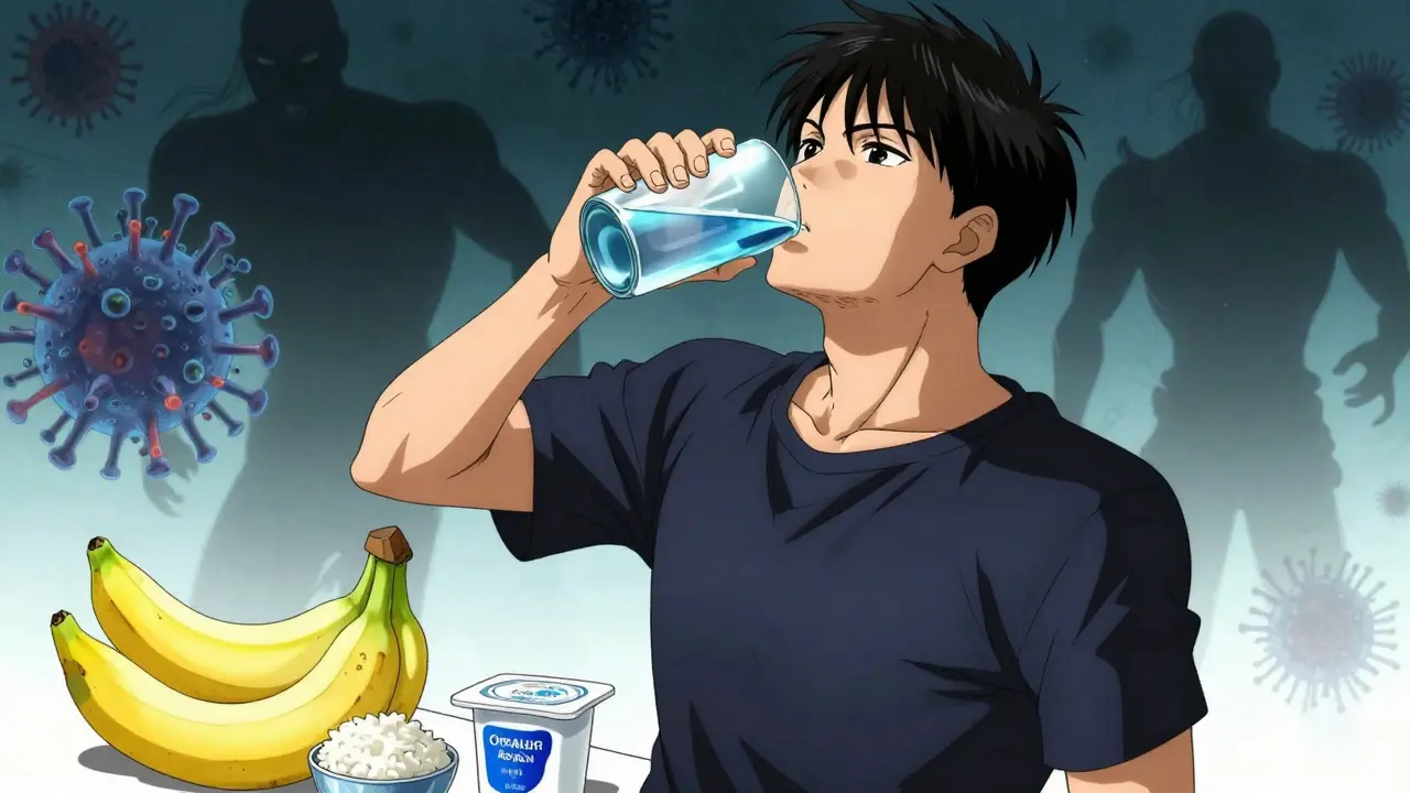 Character hydrating with ORS for recovery in anime style