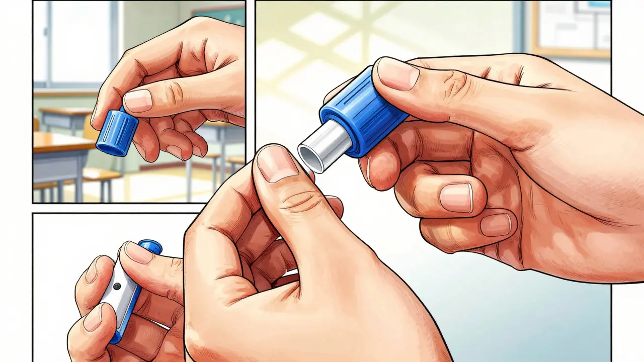 Close-up of hands practicing the correct removal of an epinephrine auto-injector cap.