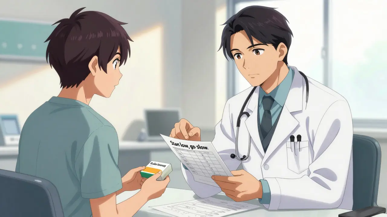 Doctor explaining dosage adjustment to a patient in a clinical setting