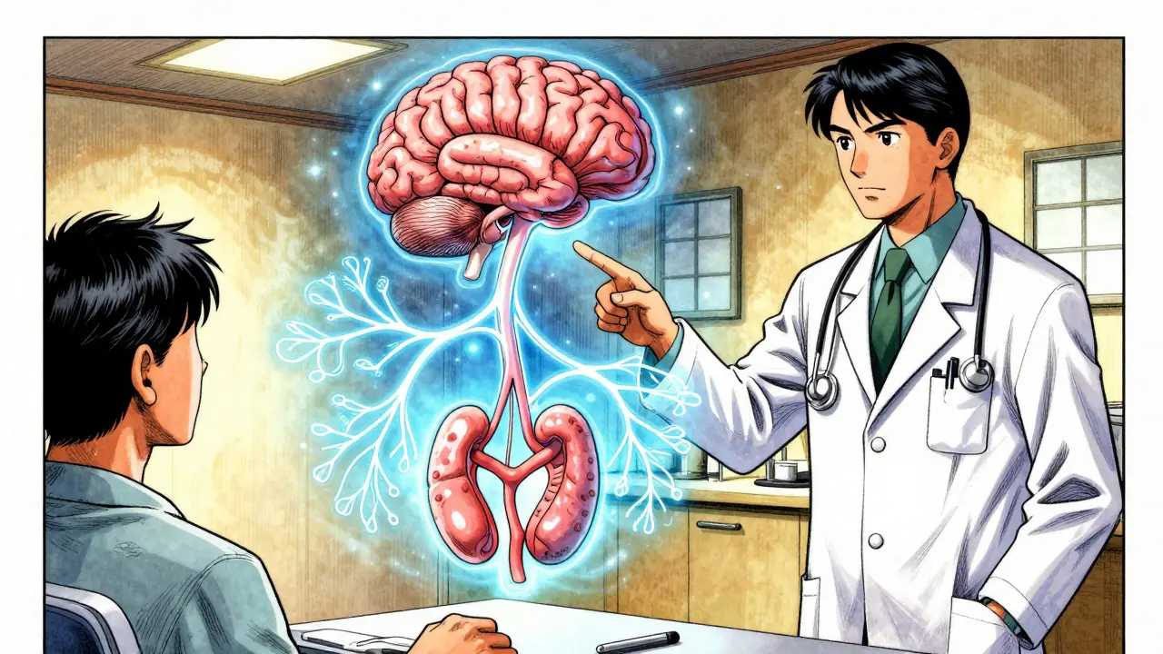 Doctor explaining hormonal pathways and diagnosis visually