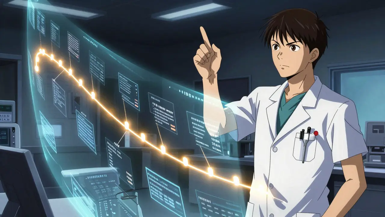 Doctor reviewing a holographic 15-year monitoring timeline