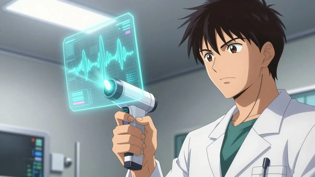 Doctor using scanner to check medication potency