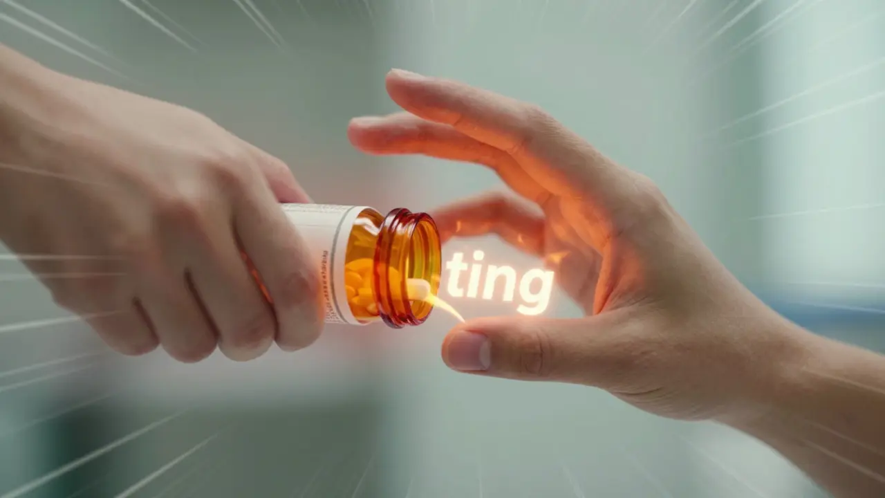 Dynamic anime illustration of taking antiviral pills during early tingling symptoms.