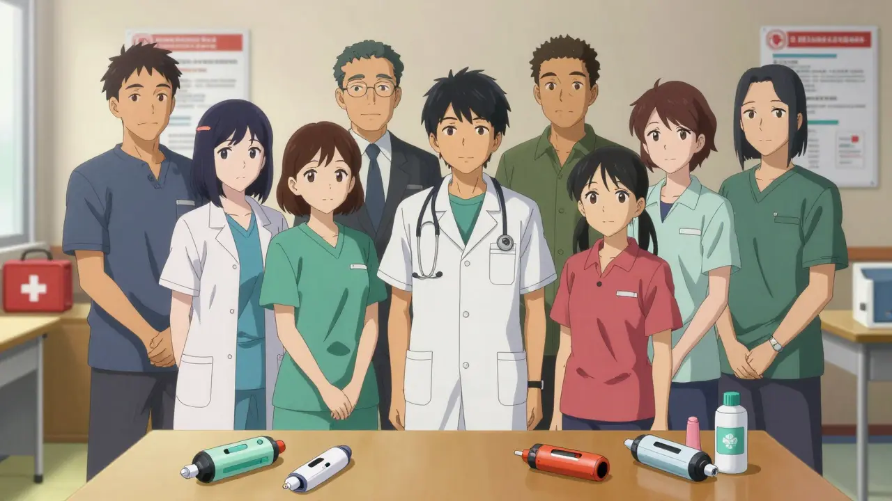 Group of trained caregivers standing confidently with auto-injector trainers in a classroom.