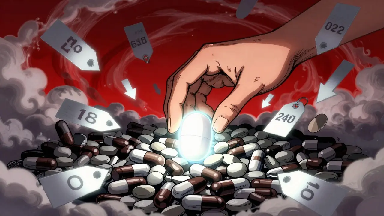 Hand selecting a glowing pill amidst shattered counterfeit drugs