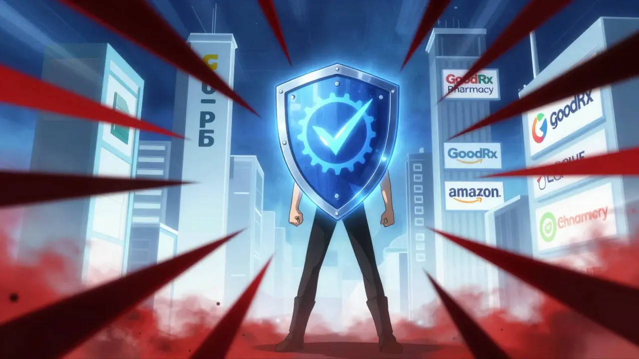 Heroic figure protecting against online pharmacy scams