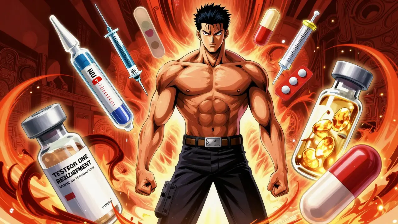 Man surrounded by glowing symbols of testosterone therapy