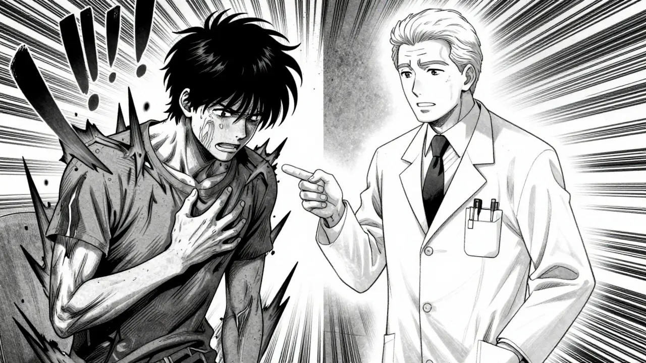 Manga art of patient feeling pain from placebo due to anxiety while doctor explains.